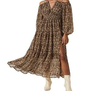 $158 ASTR The Label Ciri Floral Cold Shoulder Midi Dress Brown Slit size: Medium